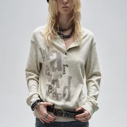 Vintage Two-Tone Half Placket Tee - Punk Texture Sleeve with Stacked Cuff & Crystal Heat Transfer